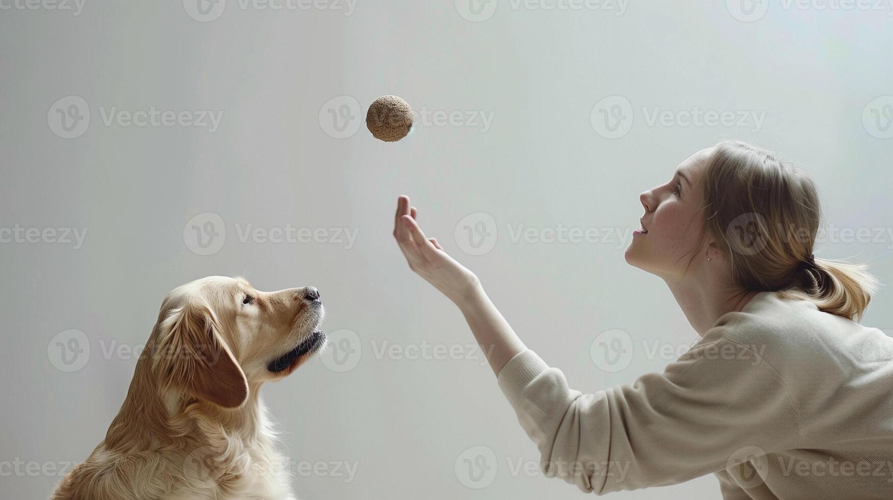 AI generated Woman playing with her dog, such as tossing a ball or playing tug-of-war with a toy, against a clean white background, generative AI photo