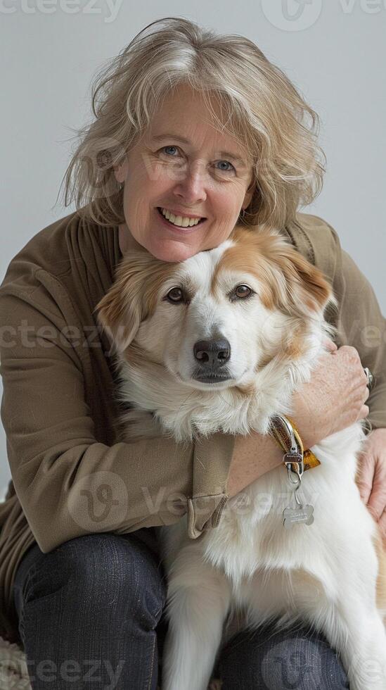 ai generado mujer abrazando su perro afectuosamente en contra un blanco fondo, generativo ai foto