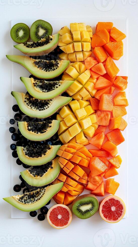 AI generated Tropical Fruit Platter, selection of tropical fruits such as mangoes pineapples kiwis and papayas, generative AI, background image photo