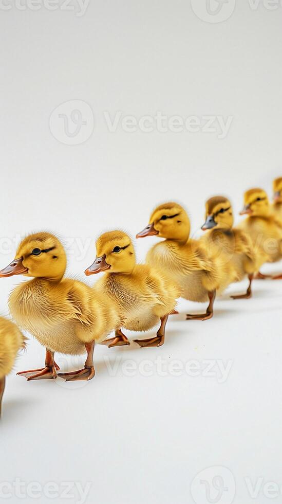 AI generated Fuzzy Ducklings, a row of fuzzy ducklings waddling along on a white surface, background image, generative AI photo