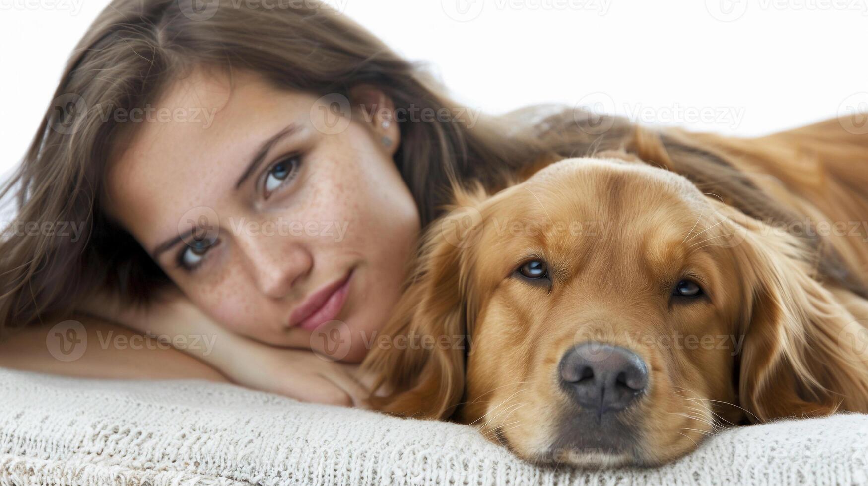 AI generated Woman and her dog lounging together on a comfortable blanket or sofa, against a clean white background, generative AI photo