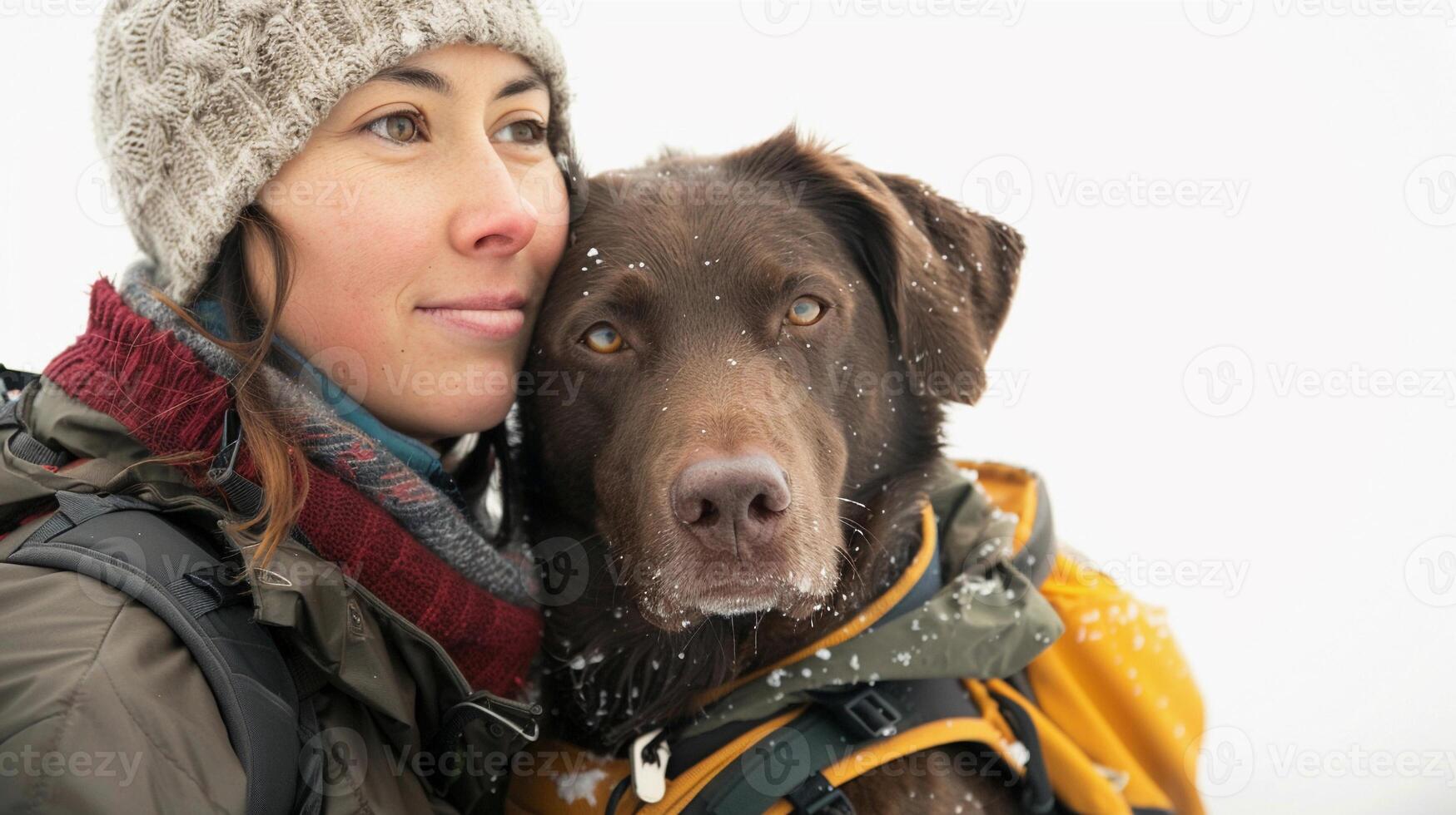 ai generado mujer y su perro Listo para un al aire libre aventura, con excursionismo engranaje o caminando accesorios, en contra un blanco fondo, generativo ai foto