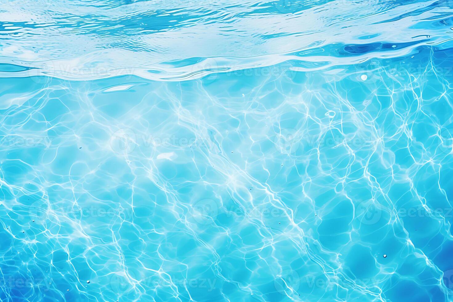 AI generated Clear blue water surface with beautiful splashing ripples and soap bubbles. Abstract summer banner background photo