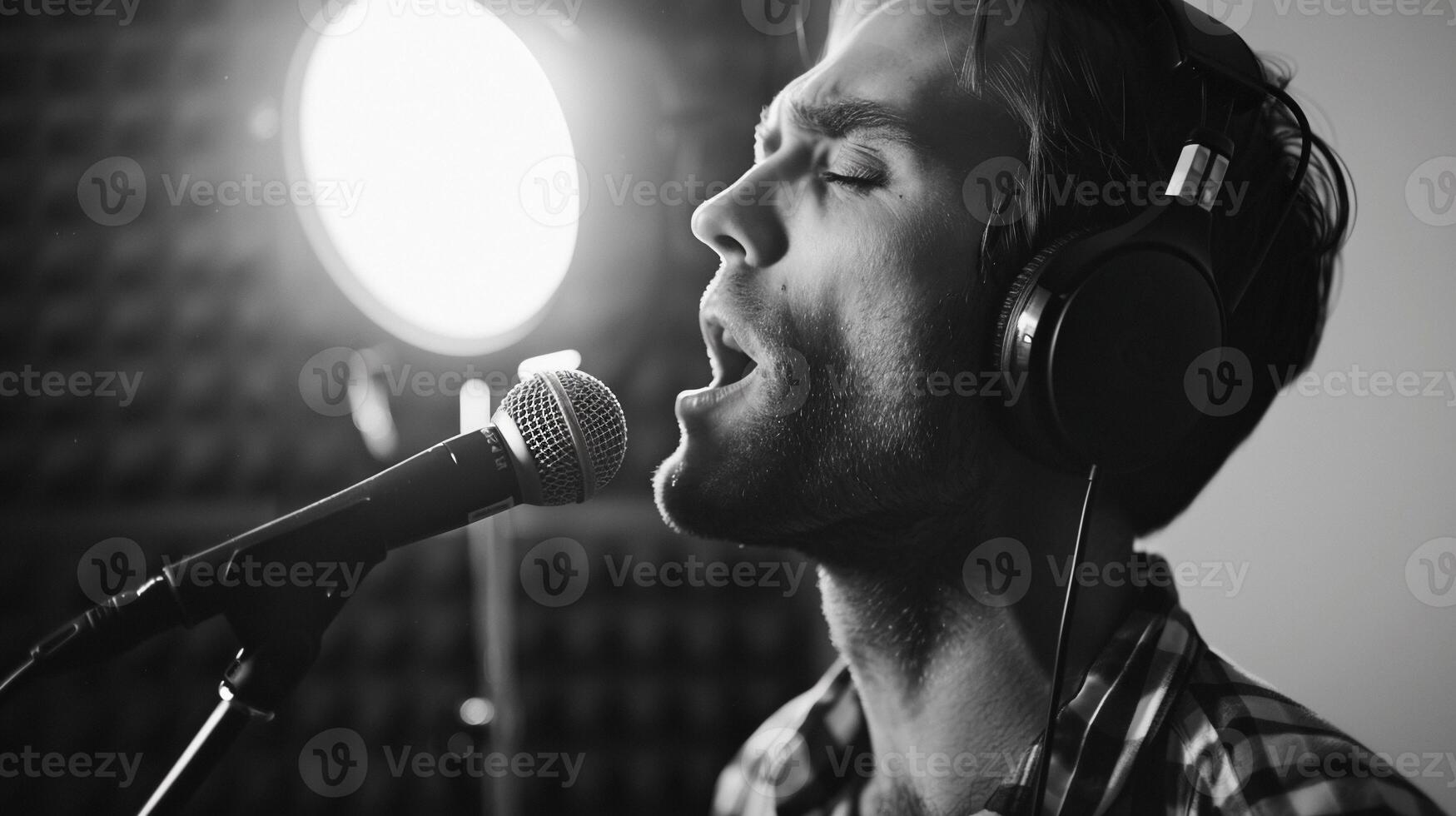 AI generated A man wearing headphone while singing in front of microphone against clean white background, background image, generative AI photo