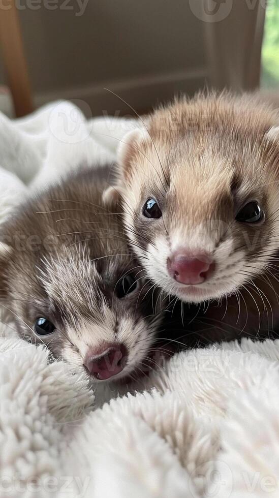 AI generated Furry Ferrets, a pair of furry ferret kits playing together on a white blanket, with sleek coats and inquisitive gazes, background image, generative AI photo