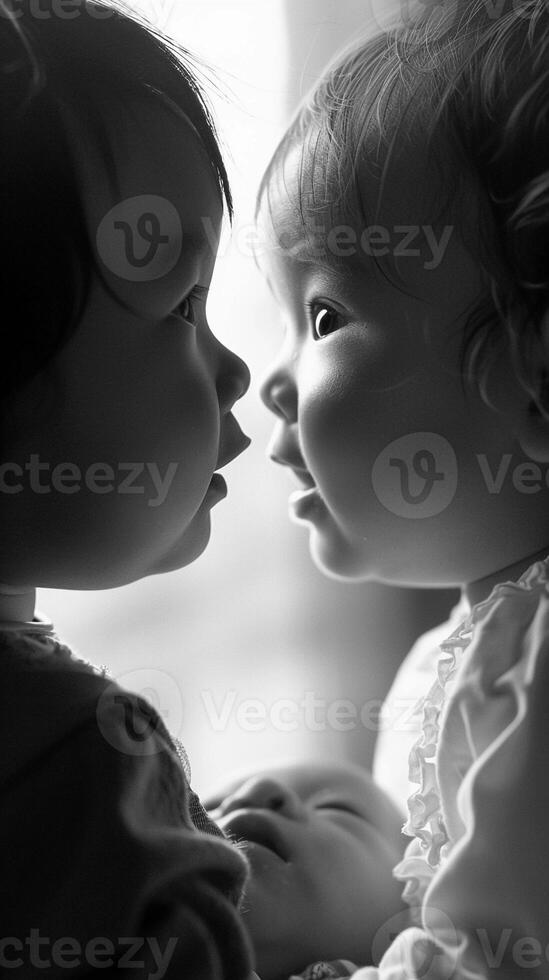 AI generated Sibling love, A tender image of a toddler gently interacting with their newborn sibling, background image, generative AI photo