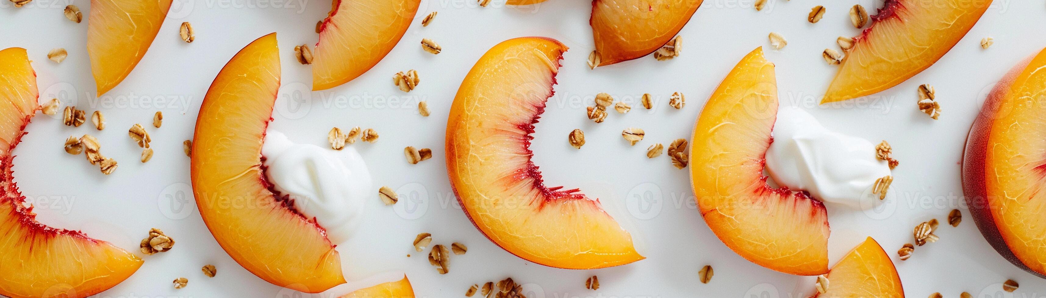 AI generated Peach perfection, ripe peach slices arranged in a geometric pattern on a white platter, generative AI, background image photo