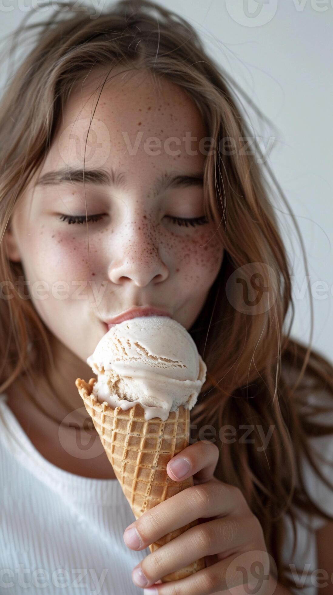 AI generated Girl licking a scoop of ice cream from a cone, with a