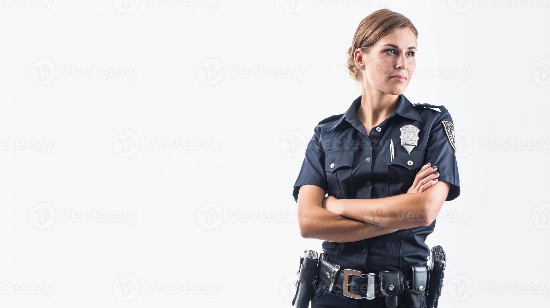 AI generated A police woman standing tall with a confident stance, wearing her uniform and holding a radio or handcuffs, against a clean white background, generative AI photo