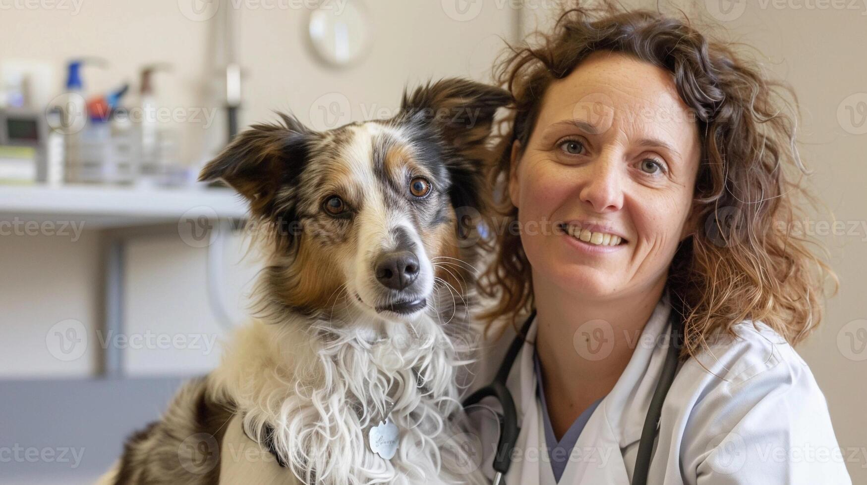 AI generated Portrait of a female veterinarian with a dog in a veterinary clinic against white background, generative AI photo