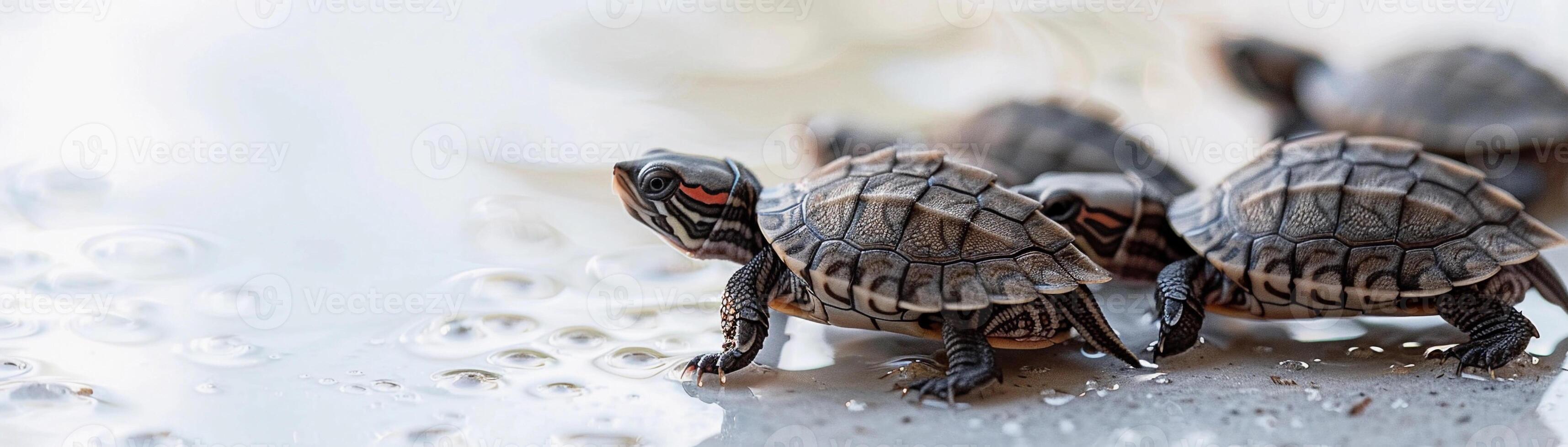 ai generado minúsculo tortugas, un grupo de minúsculo tortugas gateando a través de un blanco superficie, antecedentes imagen, generativo ai foto