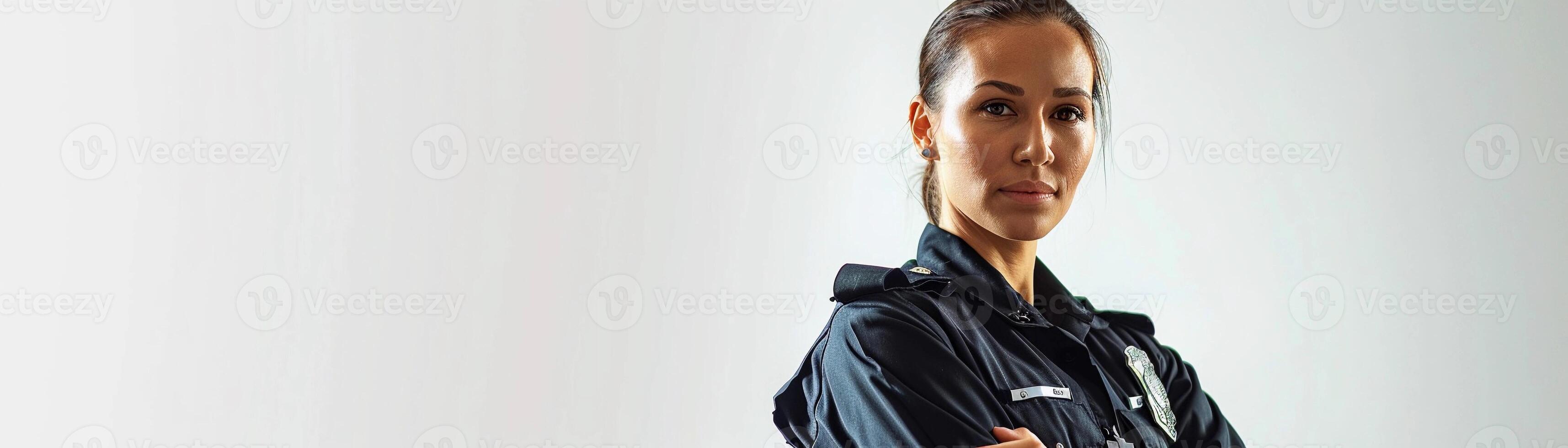 AI generated A police woman standing tall with a confident stance, wearing her uniform and holding a radio or handcuffs, against a clean white background, generative AI photo