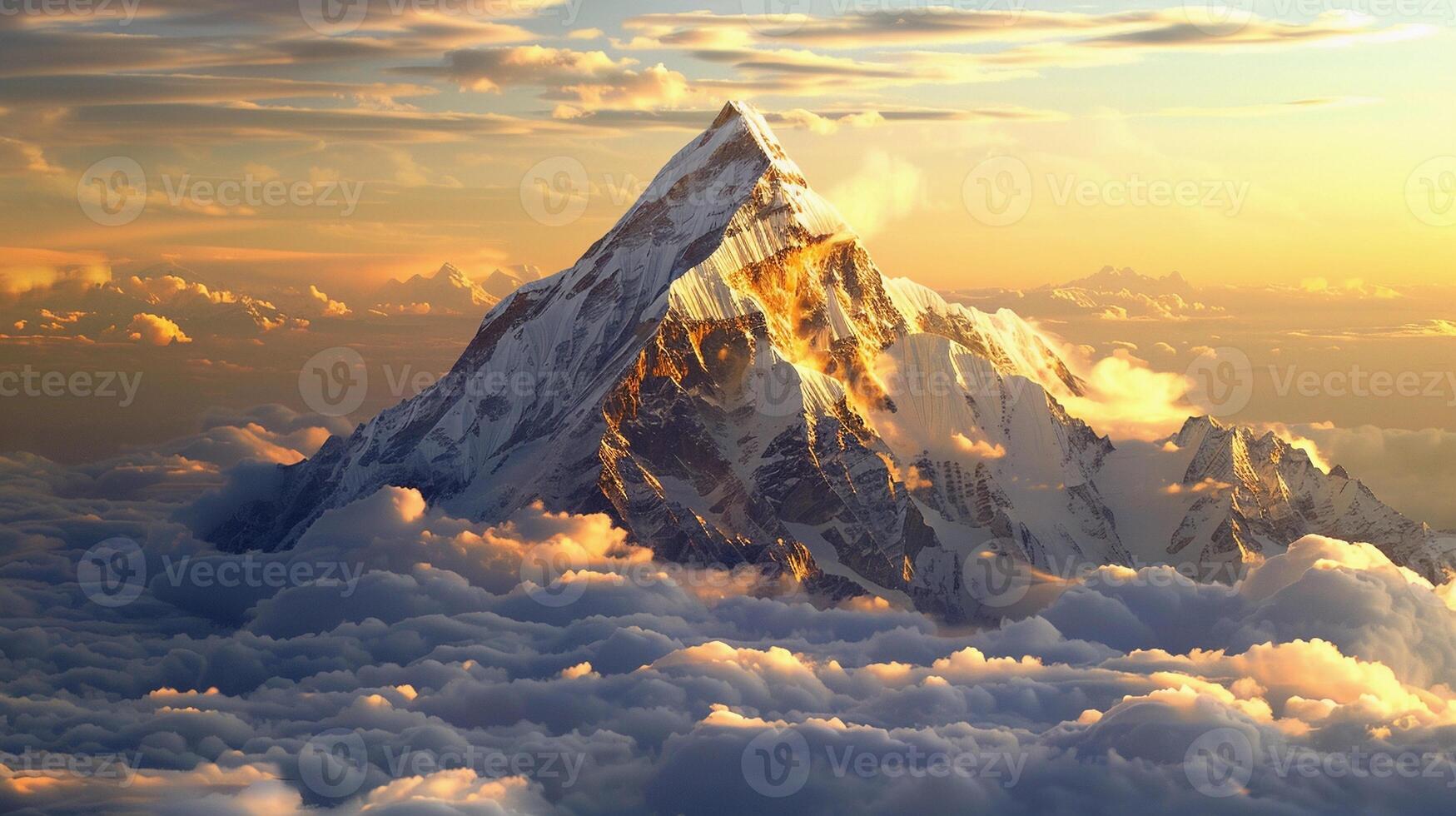 AI generated Majestic mountain peak rising above the clouds, bathed in golden sunlight, against a backdrop of rolling hills or misty valleys, generative AI photo