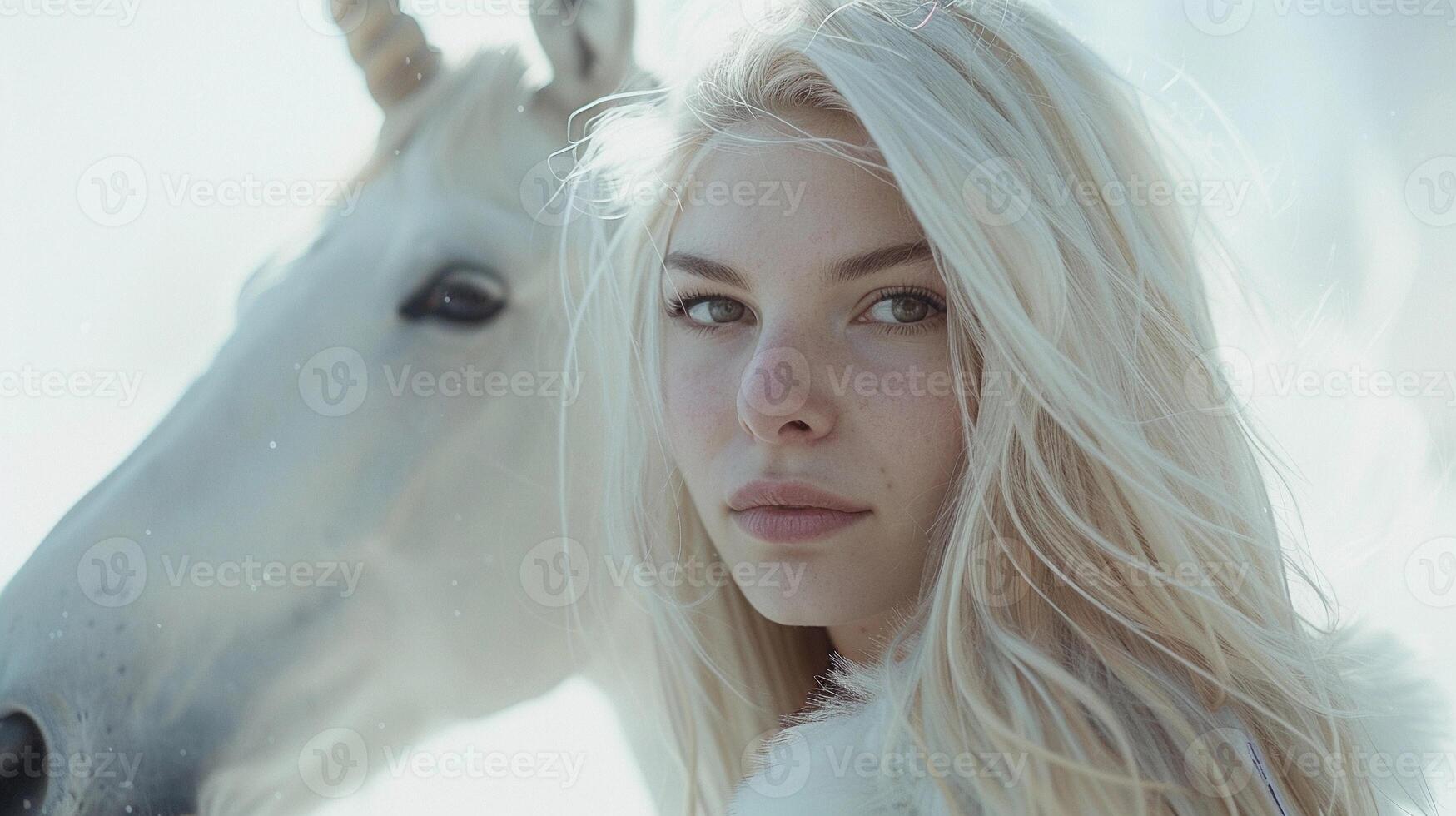 ai generado retrato de un hermosa rubia hembra con un unicornio caballo en contra blanco fondo, generativo ai foto