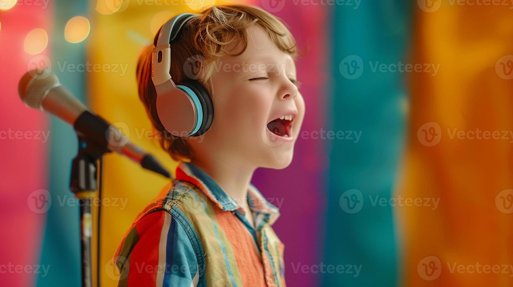 AI generated A white little boy wearing headphone while singing in front of microphone against colorful pastel background, background image, generative AI photo