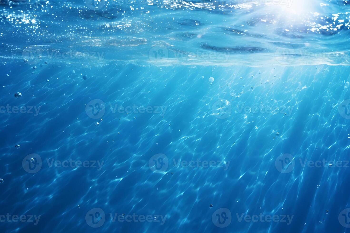 AI generated Clear blue water surface with beautiful splashing ripples and soap bubbles. Abstract summer banner background photo