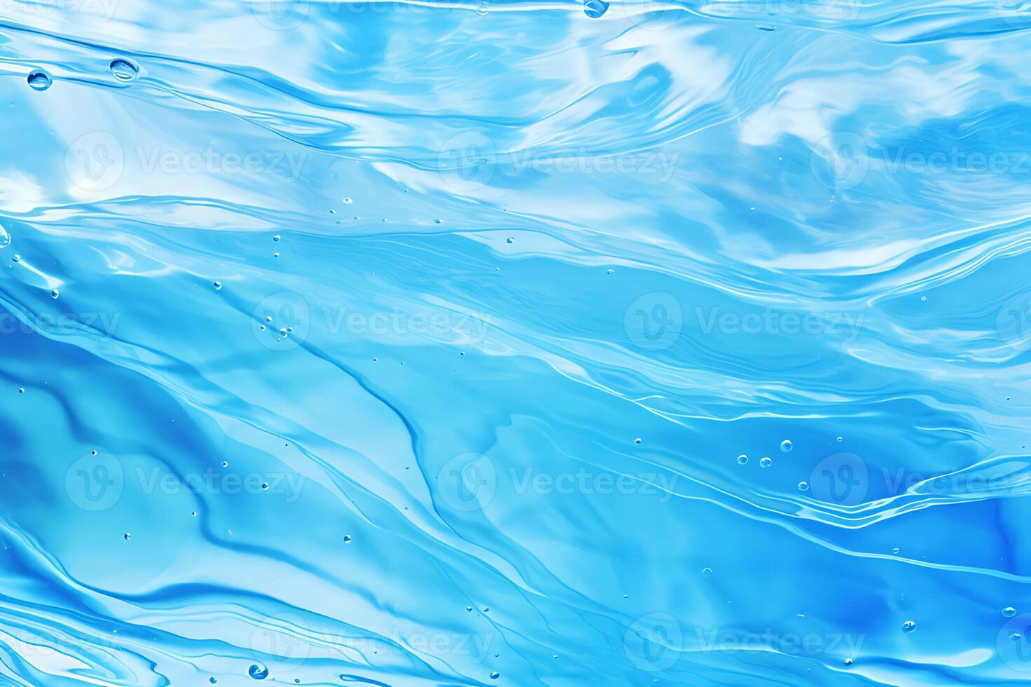 AI generated Clear blue water surface with beautiful splashing ripples and soap bubbles. Abstract summer banner background photo
