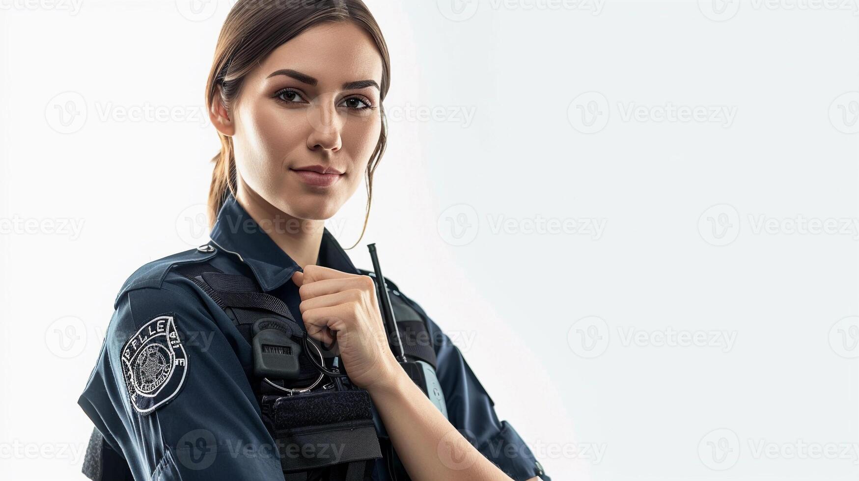 AI generated A police woman standing tall with a confident stance, wearing her uniform and holding a radio or handcuffs, against a clean white background, generative AI photo