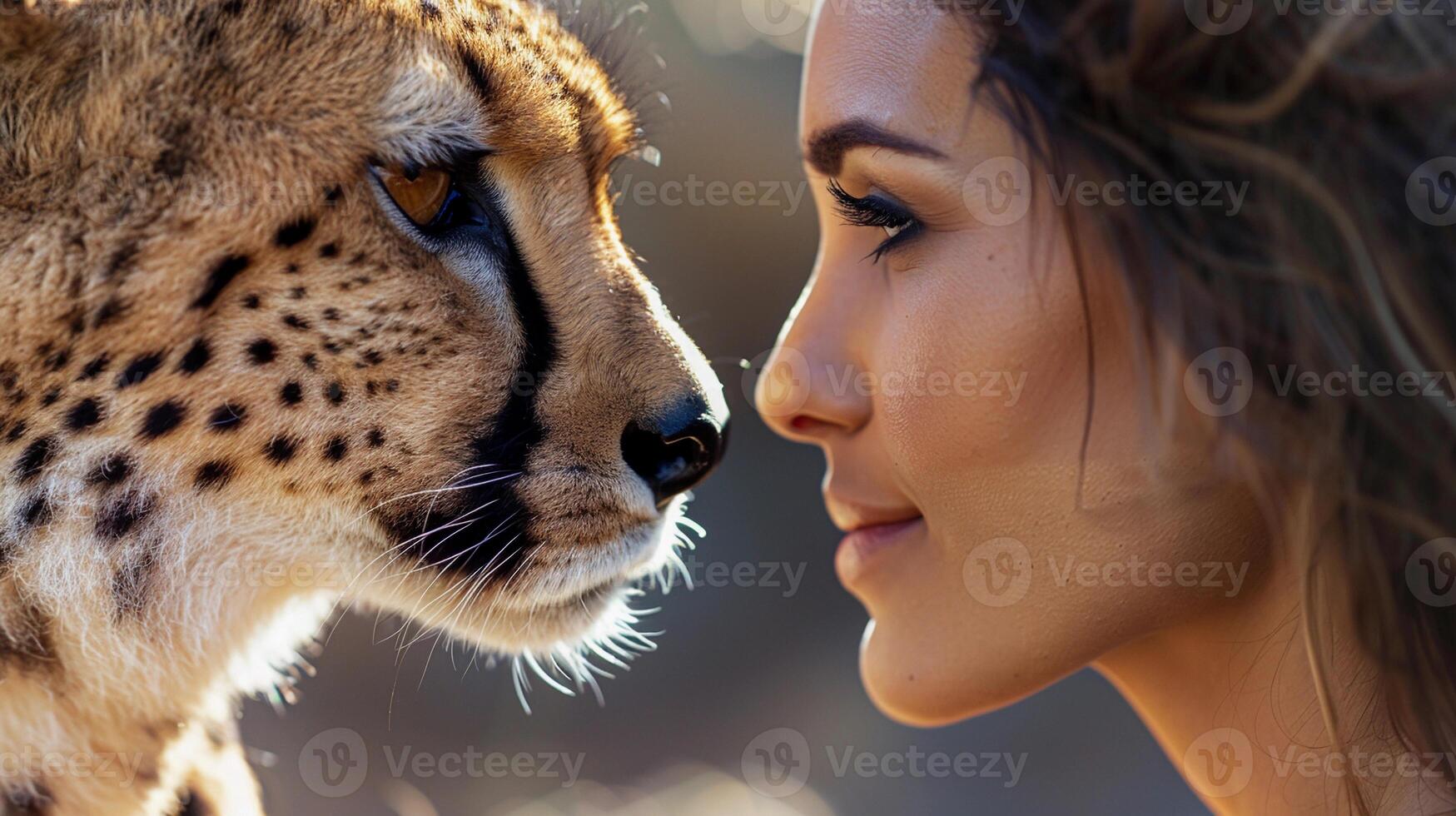 AI generated Close-up of the beautiful woman looking into the eyes of her cheetah, with both sharing a moment of mutual understanding and connection, generative AI photo