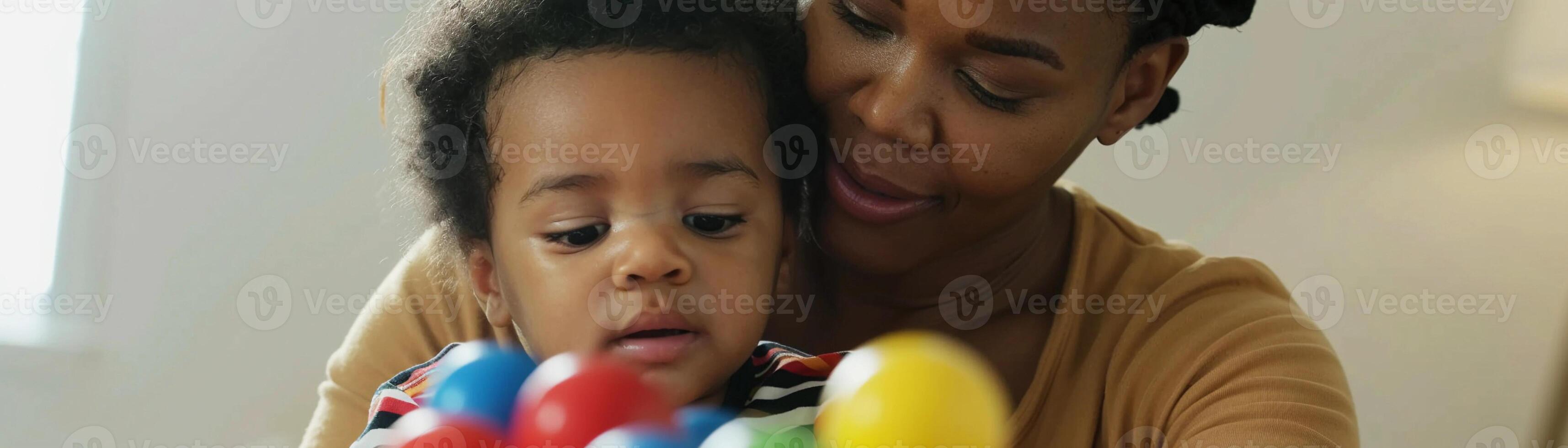 AI generated Close-up of the mother and her toddler son engaged in a learning activity, such as reading a book or exploring educational toys, against a white background, generative AI photo