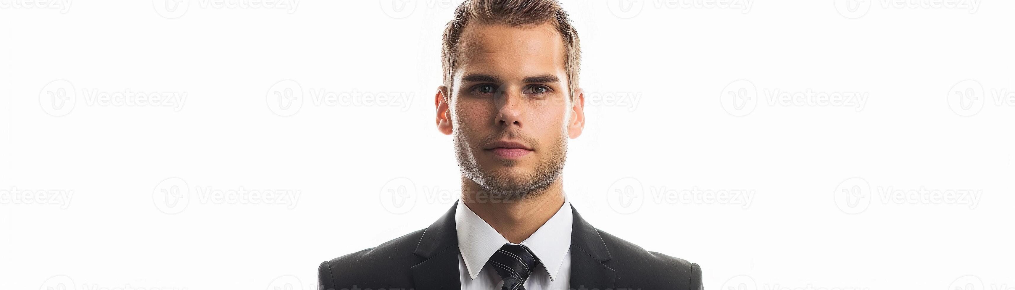 AI generated Professional Portrait, a business man in a well-tailored suit, standing confidently against a white background, generative AI photo