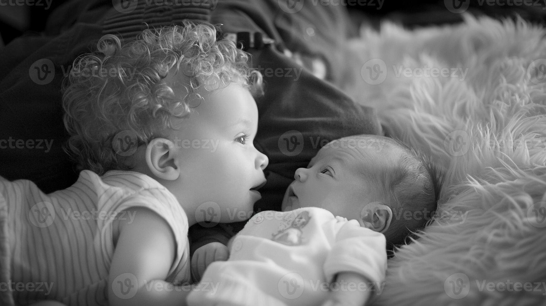 AI generated Sibling love, A tender image of a toddler gently interacting with their newborn sibling, background image, generative AI photo