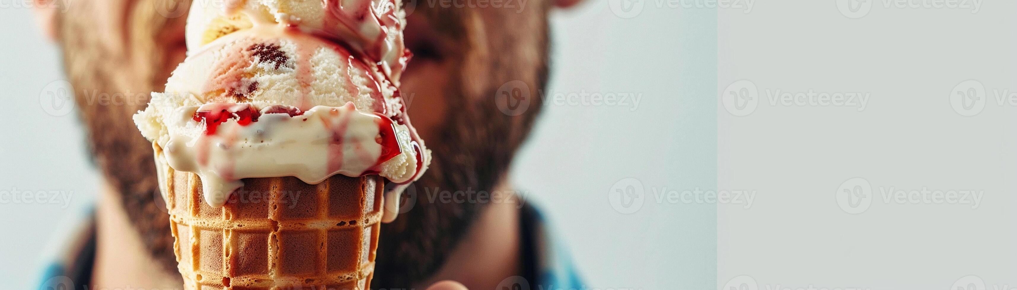 AI generated Close-up of the man holding an ice cream cone filled with scoops of delicious ice cream, with melted drips running down the sides, generative AI photo