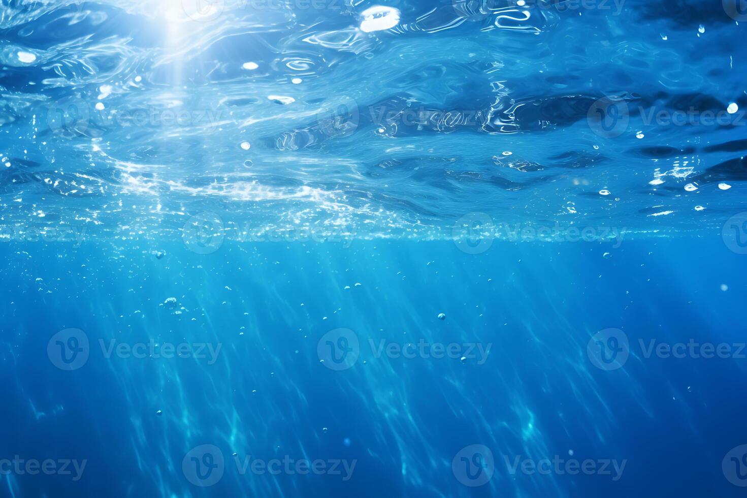AI generated Clear blue water surface with beautiful splashing ripples and soap bubbles. Abstract summer banner background photo