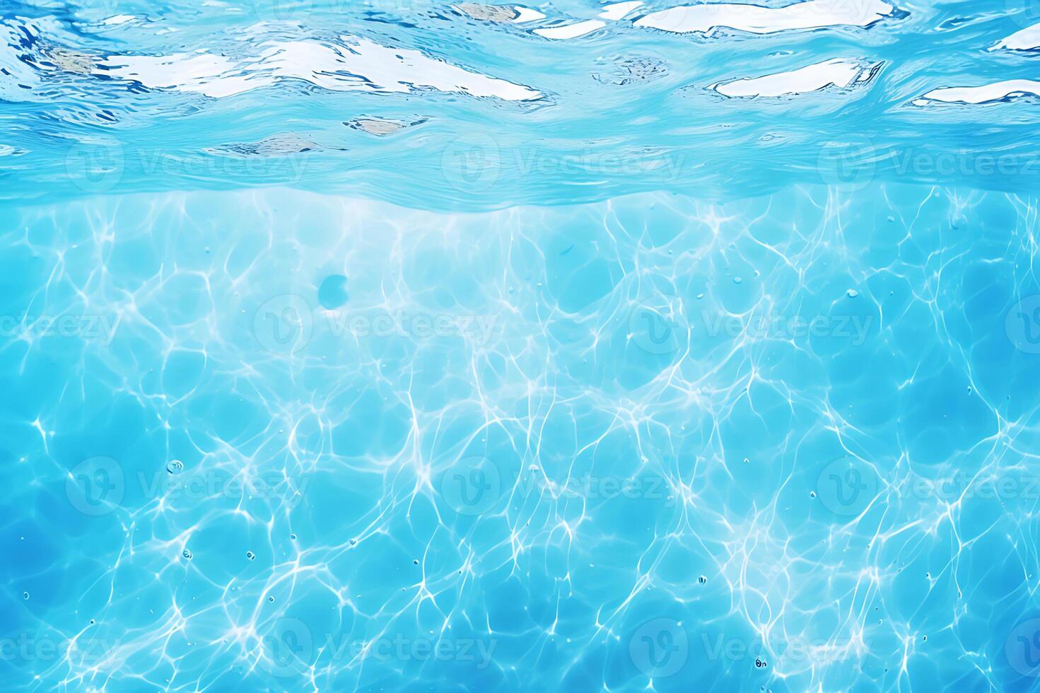 AI generated Clear blue water surface with beautiful splashing ripples and soap bubbles. Abstract summer banner background photo