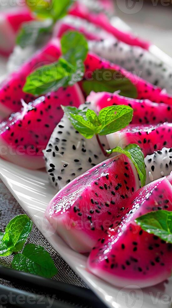AI generated Exotic Dragon Fruit, slices of exotic dragon fruit arranged in a visually striking pattern on a white platter, generative AI, background image photo