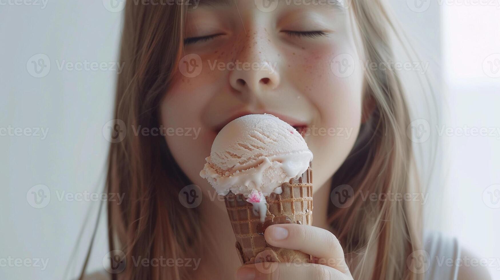 AI generated Girl licking a scoop of ice cream from a cone, with a refreshing and satisfied expression on her face, against a white background, generative AI photo