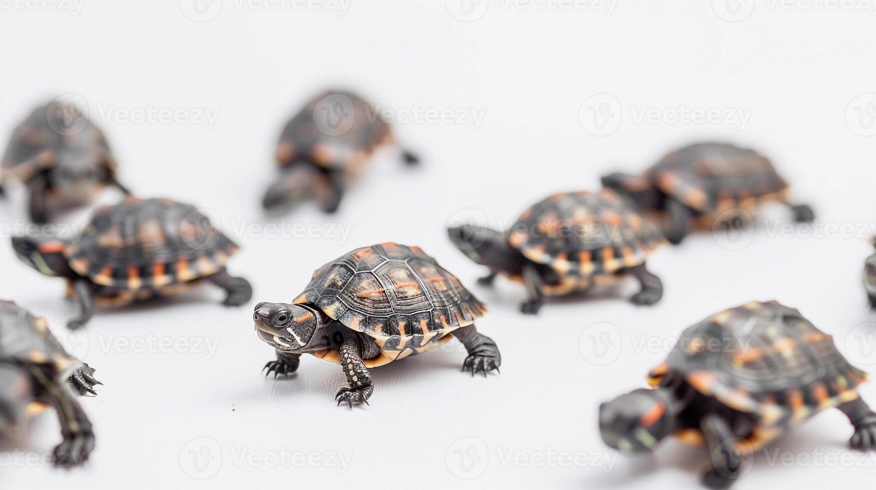 ai generado minúsculo tortugas, un grupo de minúsculo tortugas gateando a través de un blanco superficie, antecedentes imagen, generativo ai foto