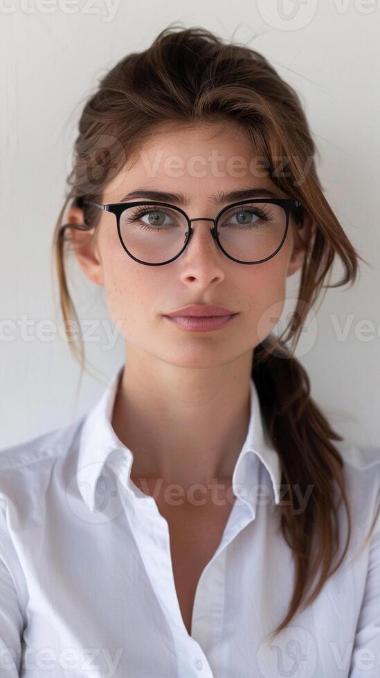 AI generated Focused Professional, close-up of a businesswoman wearing glasses, with a serious and focused expression as she looks directly at the camera, generative AI photo