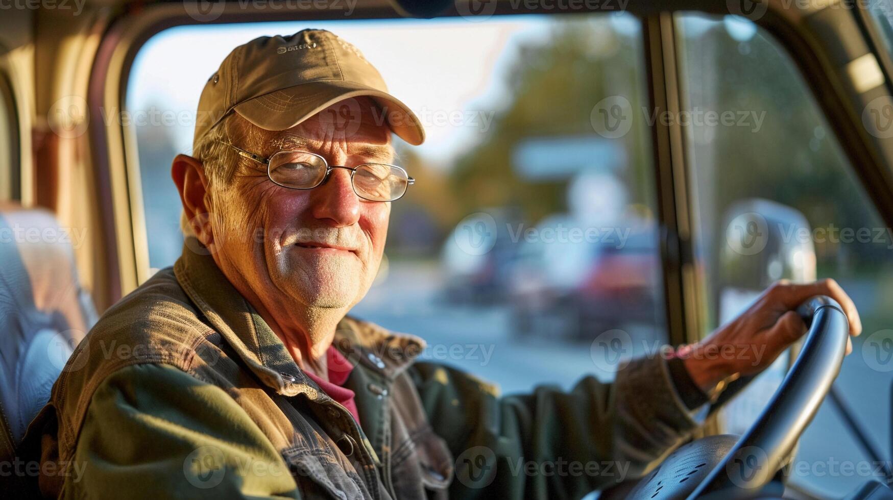 AI generated On the Road, Light truck driver behind the wheel, driving along a scenic highway or urban street, with the truck's cargo visible in the background, background image, generative AI photo