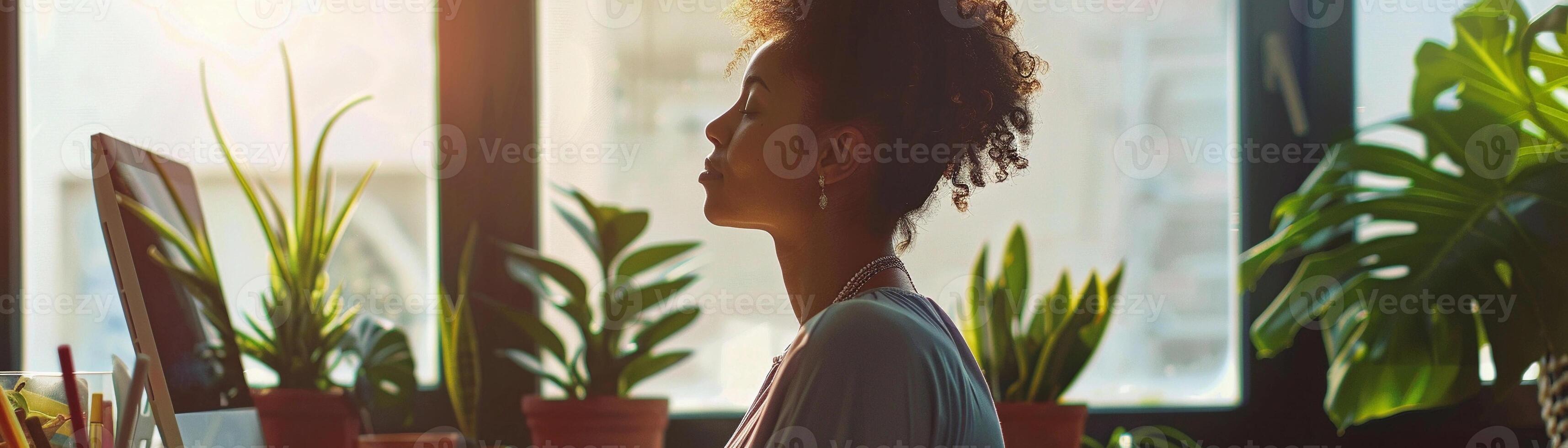 AI generated Finding Balance, A woman takes a moment to stretch and breathe deeply, generative AI photo