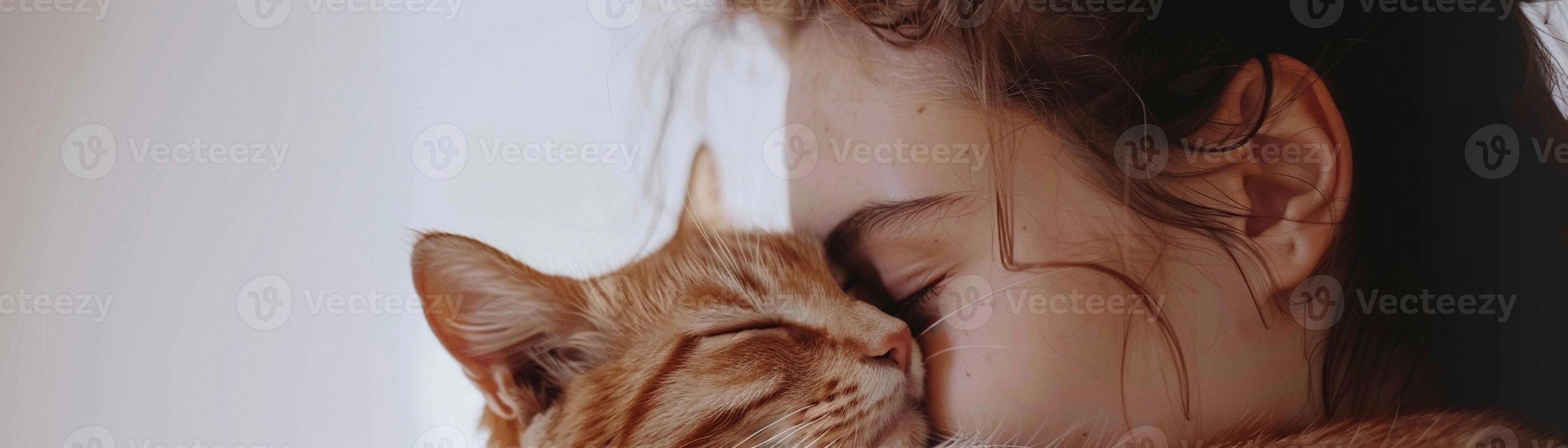 AI generated Close-up of the girl cuddling her cat close to her face, with both displaying contentment and relaxation, generative AI photo