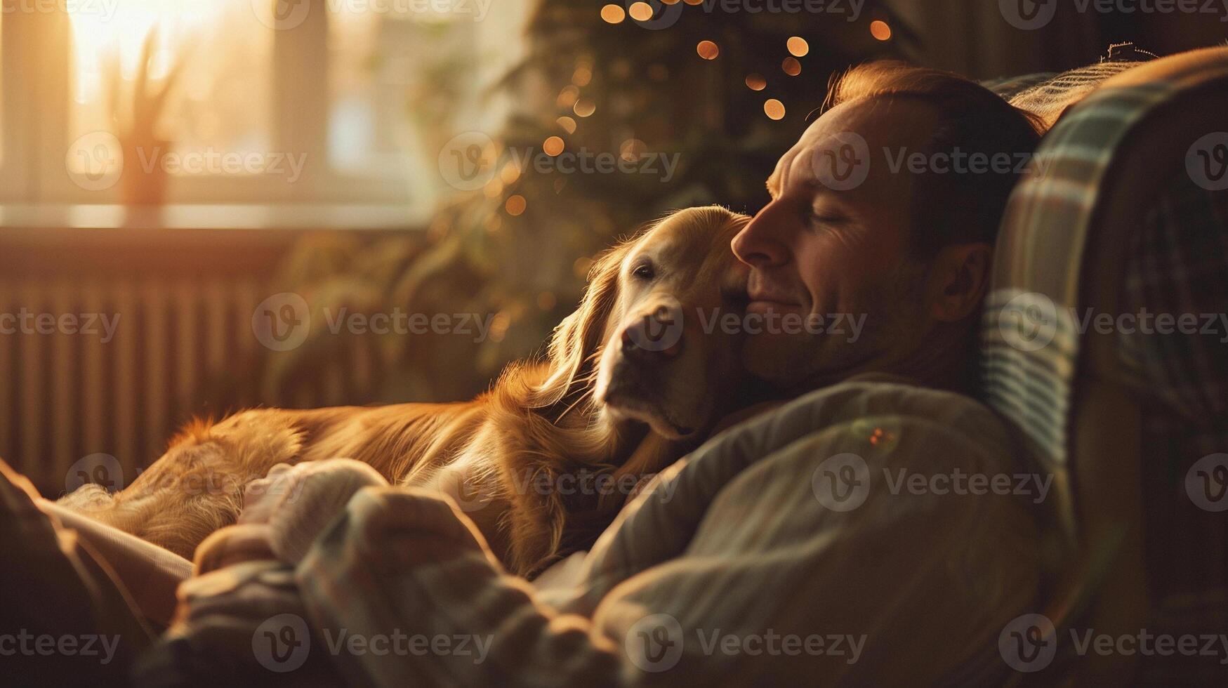 AI generated A man and his dog lounging together, with the man sitting in a chair or on a sofa with his dog by his side, generative AI photo