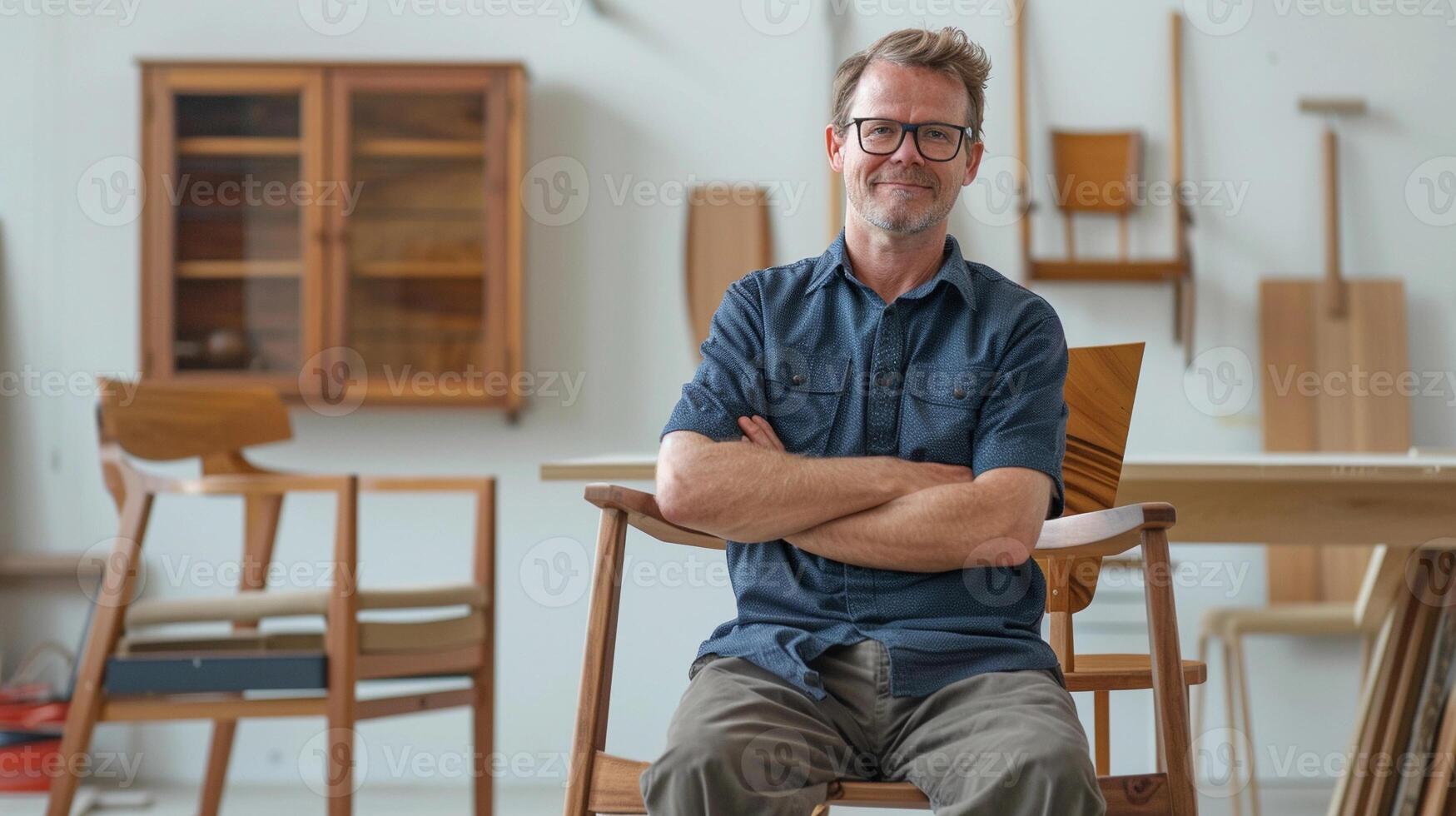 AI generated Carpenter proudly displaying a finished woodworking project, such as a table, chair or cabinet in a well-lit showroom, background image, generative AI photo