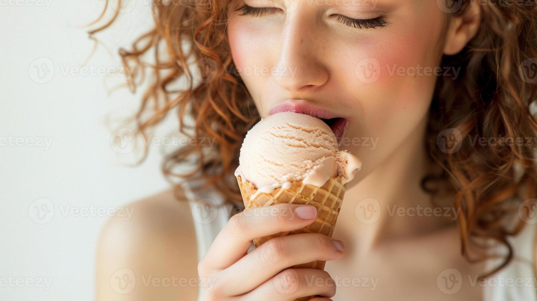 AI generated Girl licking a scoop of ice cream from a cone, with a refreshing and satisfied expression on her face, against a white background, generative AI photo