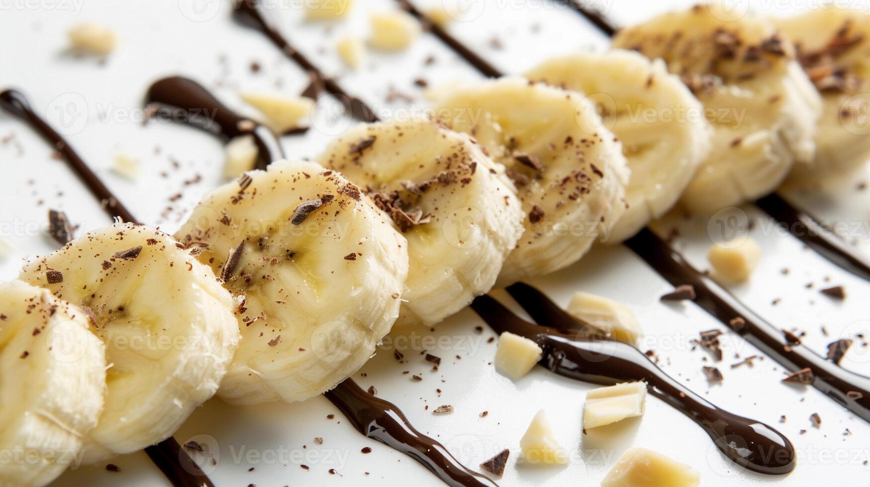 AI generated Sliced bananas arranged in a spiral pattern on a white surface, with a drizzle of chocolate sauce or a sprinkle of chopped nuts for added indulgence, generative AI, background image photo
