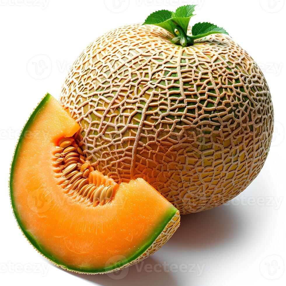 AI generated cantaloupe melon isolated on white background with shadow. Slice of cantaloupe melon isolated. Refreshing melon top view. Cantaloupe flat lay photo