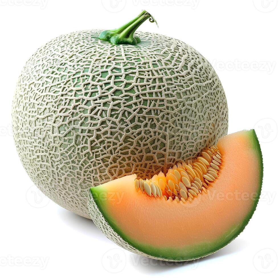 AI generated cantaloupe melon isolated on white background with shadow. Slice of cantaloupe melon isolated. Refreshing melon top view. Cantaloupe flat lay photo