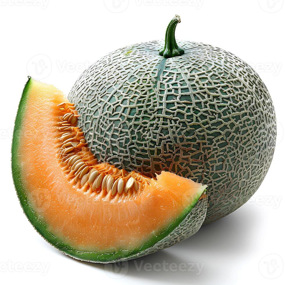 AI generated cantaloupe melon isolated on white background with shadow. Slice of cantaloupe melon isolated. Refreshing melon top view. Cantaloupe flat lay photo