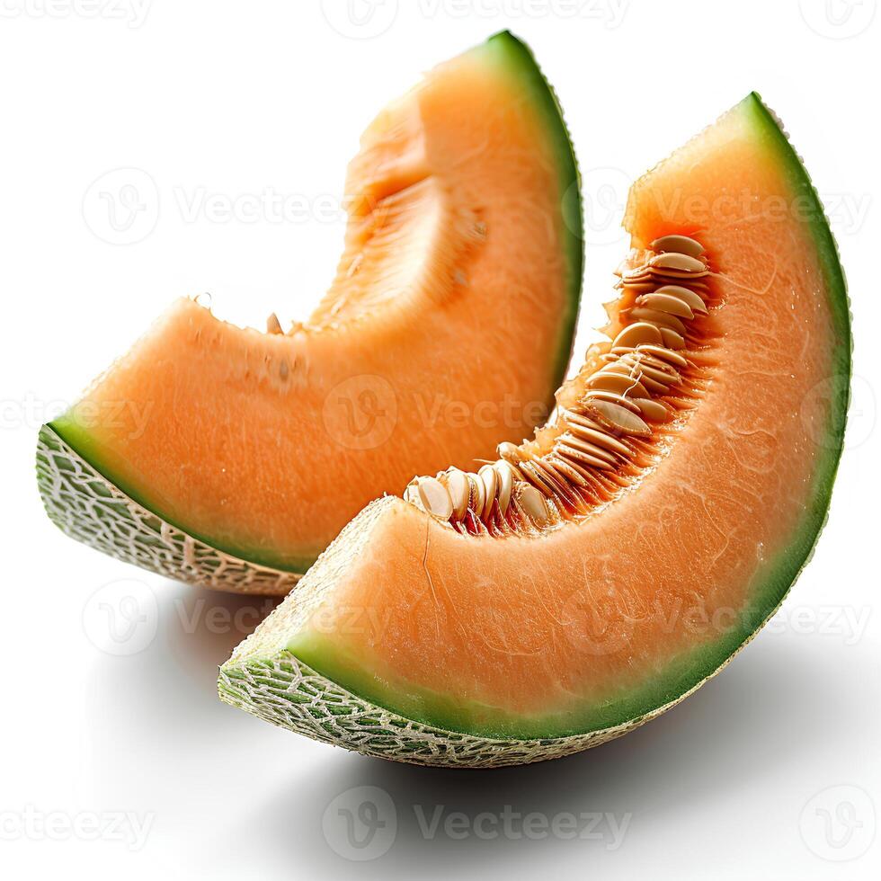 AI generated cantaloupe melon isolated on white background with shadow. Slice of cantaloupe melon isolated. Refreshing melon top view. Cantaloupe flat lay photo