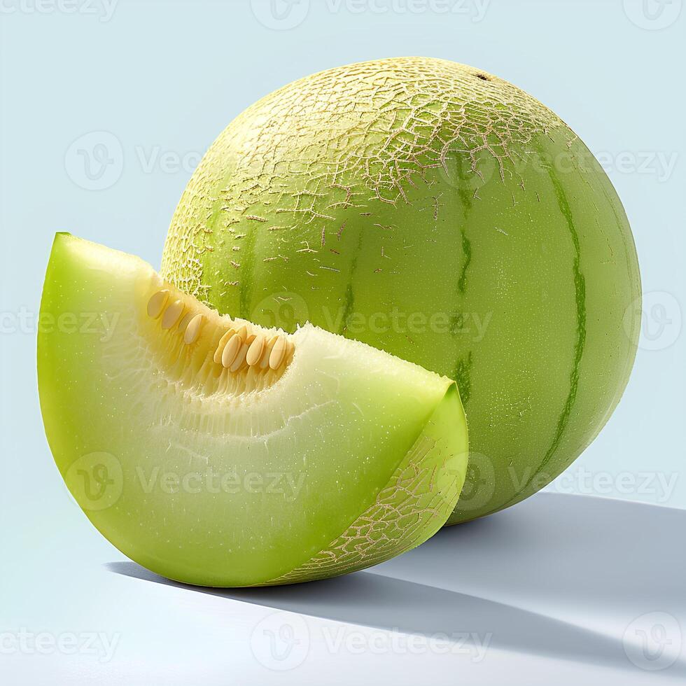 AI generated honeydew melon isolated on white background with shadow. Fresh ripe honeydew fruit. Honeydew melon slices photo