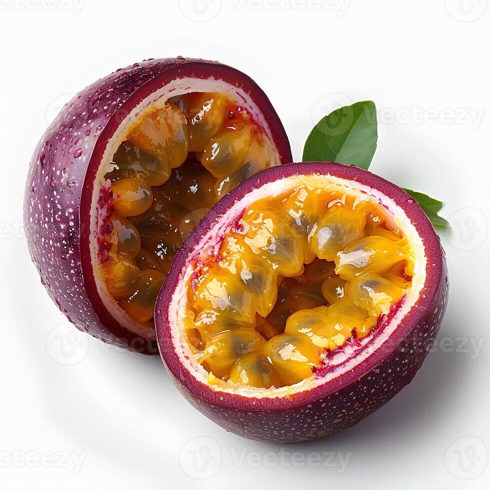 AI generated Passion fruit isolated on white background with shadow. Purple passion fruit top view. Passion fruit flat lay. Tropical fruit passion fruit photo