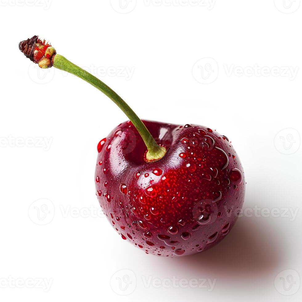 AI generated Red cherry with stem isolated on white background with shadow. Red cherries. Wild red cherry isolated. Cherry with a steam and a leaf photo