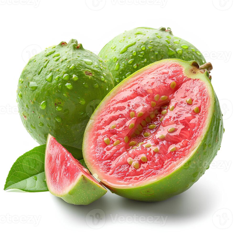 AI generated guava fruit isolated on white background with shadow. Guava isolated. Tropical fruit guava top view. Guava flat lay photo