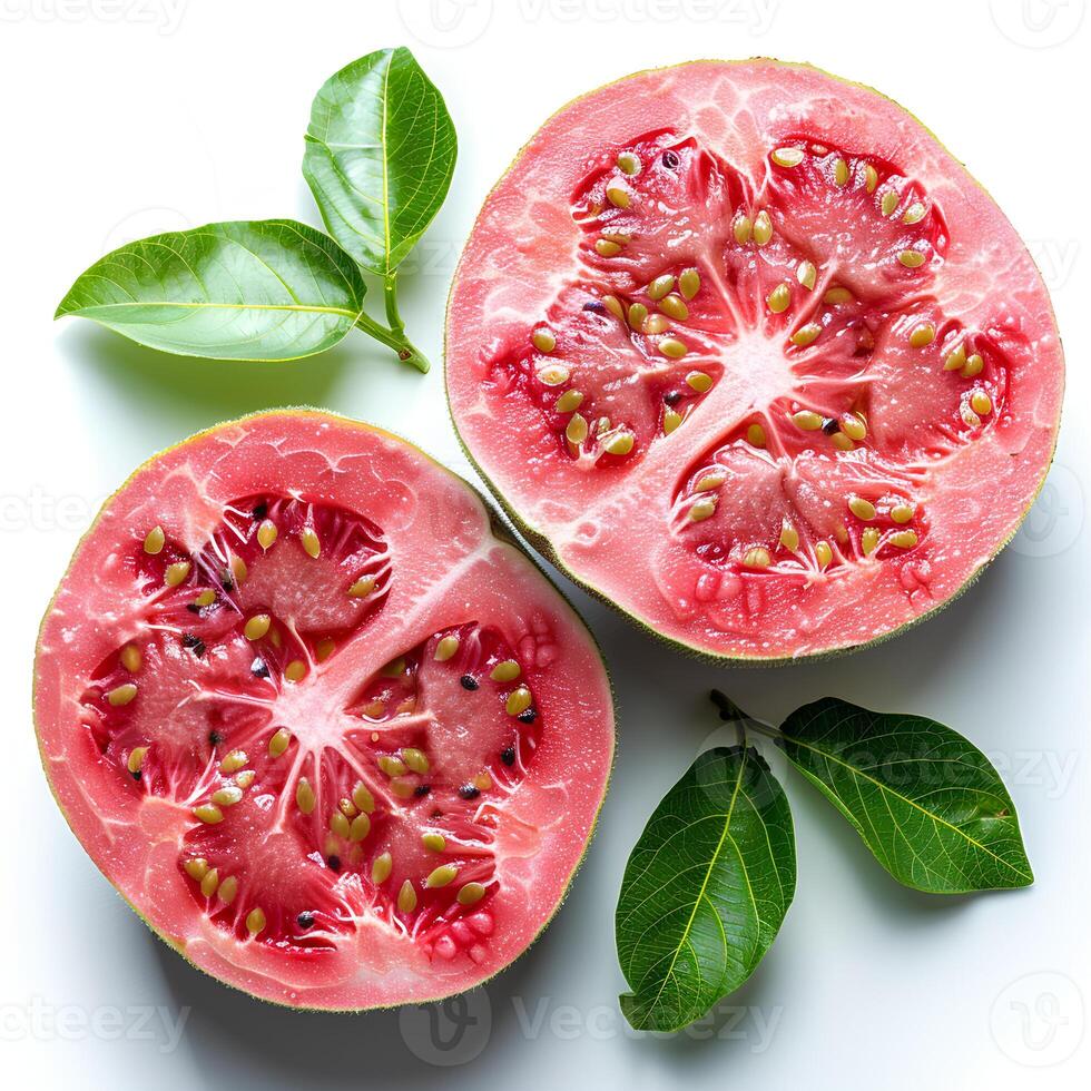 AI generated guava fruit isolated on white background with shadow. Guava isolated. Tropical fruit guava top view. Guava flat lay photo