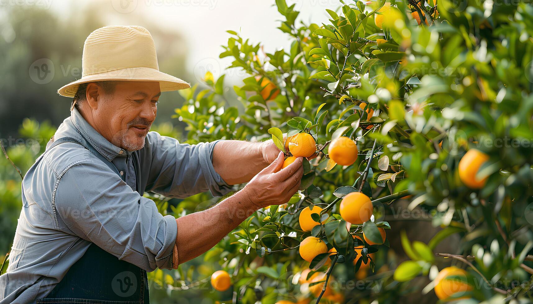 AI generated Man picking oranges off of an orange tree. Happy farmer picking an orange from his tree while the sun is shining. Orange picking season photo
